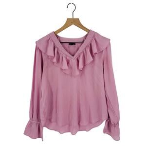 Ann Taylor Ruffle V-Neck Long Sleeve Blouse Pink Feminine Style Size S Small